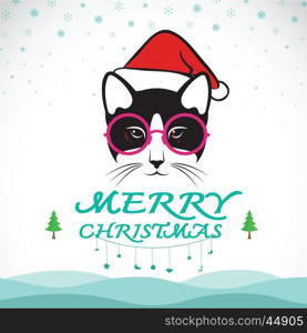 Vector merry christmas greeting cat card on white background.
