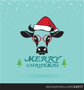 Vector Merry christmas greeting cow card. Vector illustration.