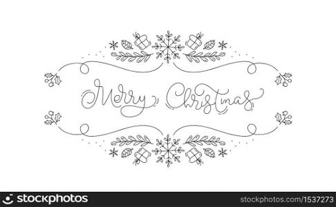 Vector Merry Christmas monoline calligraphic text on holidays background with winter landscape with snowflakes, light, stars. Illustration Xmas greeting card.. Vector Merry Christmas monoline calligraphic text on holidays background with winter landscape with snowflakes, light, stars. Illustration Xmas greeting card