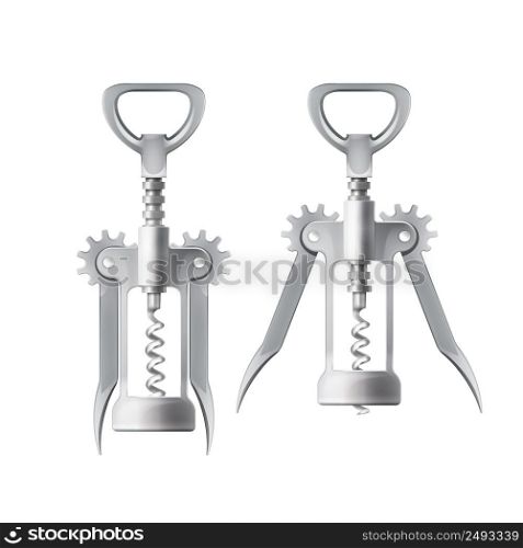 Vector metal wing corkscrew for opening wine bottles, with levers and gears on white background. Vector metal corkscrew