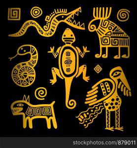 Vector mexican culture golden primitive tribal signs on black. Mexican culture golden tribal signs