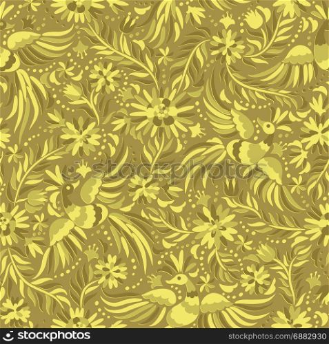vector Mexican embroidery gold seamless pattern. Mexican embroidery golden seamless pattern. Gold ethnic pattern. Birds and flowers golden background. Floral background with ethnic ornament.