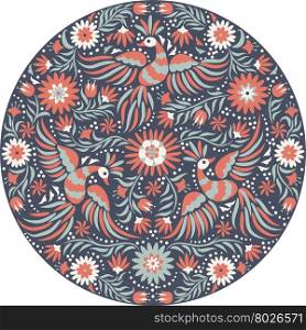 vector Mexican embroidery round pattern. Mexican embroidery round pattern. Red and back ornate ethnic pattern. Birds and flowers dark background. Floral background with bright ethnic ornament.