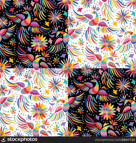 vector Mexican embroidery seamless pattern. Mexican embroidery seamless pattern. Colorful and ornate ethnic pattern. Birds and flowers background. Floral background with bright ethnic ornament.