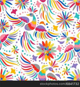vector Mexican embroidery seamless pattern. Mexican embroidery seamless pattern. Colorful and ornate ethnic pattern. Birds and flowers light background. Floral background with bright ethnic ornament.