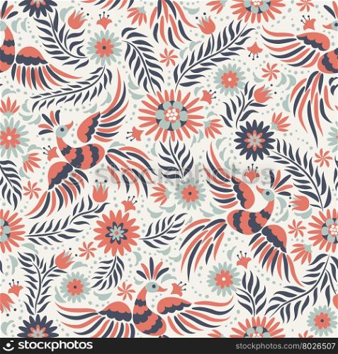 vector Mexican embroidery seamless pattern. Mexican embroidery seamless pattern. Colorful and ornate ethnic pattern. Red and black Birds and flowers on the light background. Floral background with bright ethnic ornament.