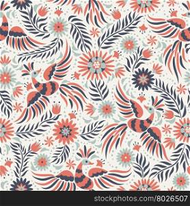 vector Mexican embroidery seamless pattern. Mexican embroidery seamless pattern. Colorful and ornate ethnic pattern. Red and black Birds and flowers on the light background. Floral background with bright ethnic ornament.