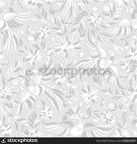vector Mexican white embroidery seamless pattern. Mexican embroidery white seamless pattern.White ornate ethnic pattern. Birds and flowers light background. Floral background with light ethnic ornament.