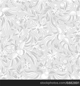vector Mexican white embroidery seamless pattern. Mexican embroidery white seamless pattern.White ornate ethnic pattern. Birds and flowers light background. Floral background with light ethnic ornament.