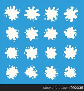 vector milk splash collection, white splashes isolated on blue background, design for dairy product illustration