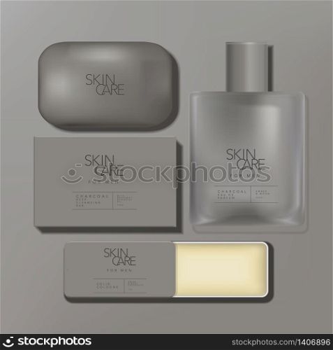 Vector Minimal Mens Grooming Set with Charcoal Soap Bar Wash, Perfume Bottle and Solid Cologne Tin Box Packaging