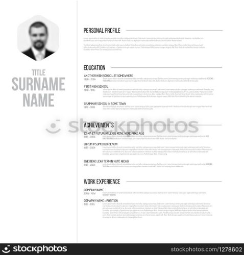 Vector minimalist black and white cv / resume template design with profile photo