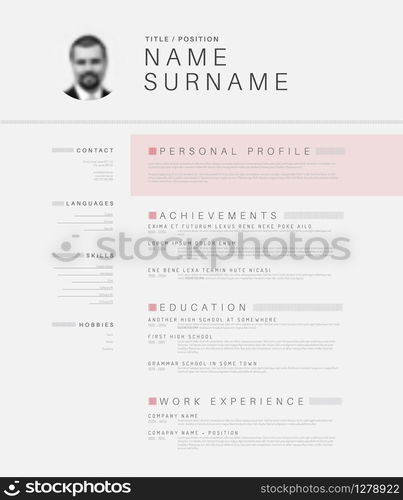 Vector minimalist black and white cv / resume template design with profile photo