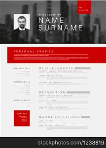 Vector minimalist black, white and red cv / resume template design with profile and header photo. Minimalistic cv / resume template with header photo