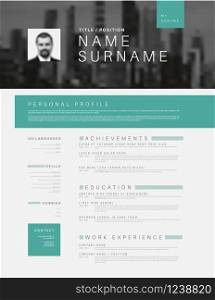 Vector minimalist black, white and teal cv / resume template design with profile and header photo. Minimalistic cv / resume template with header photo
