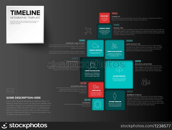 Vector Minimalist colorful vertical timeline Infographic template with square blocks - dark teal red version