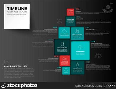 Vector Minimalist colorful vertical timeline Infographic template with square blocks - dark teal red version