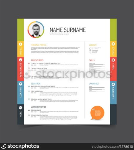 Vector minimalist cv / resume template - color version with a profile photo