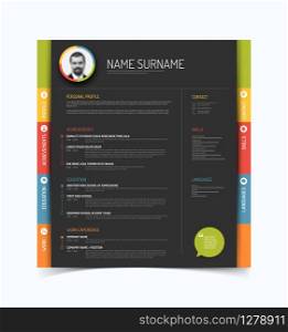Vector minimalist cv / resume template - color version with a profile photo - dark gray background