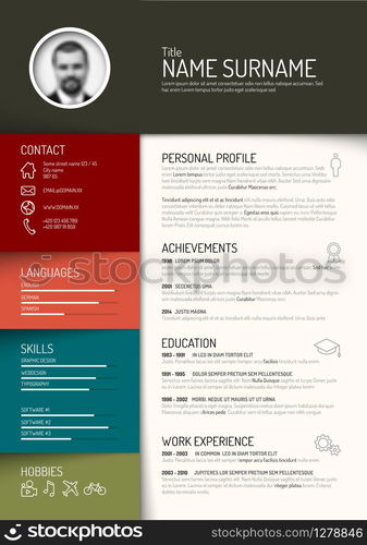 Vector minimalist cv / resume template - dark retro color version