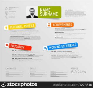 Vector minimalist cv / resume template design with colorful labels