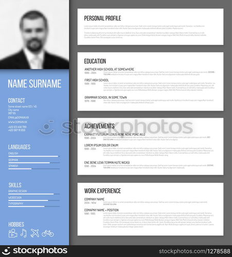 Vector minimalist cv / resume template design with profile photo - blue version