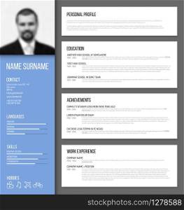 Vector minimalist cv / resume template design with profile photo - blue version
