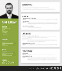 Vector minimalist cv / resume template design with profile photo - green version