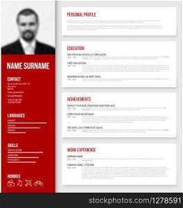 Vector minimalist cv / resume template design with profile photo - red version