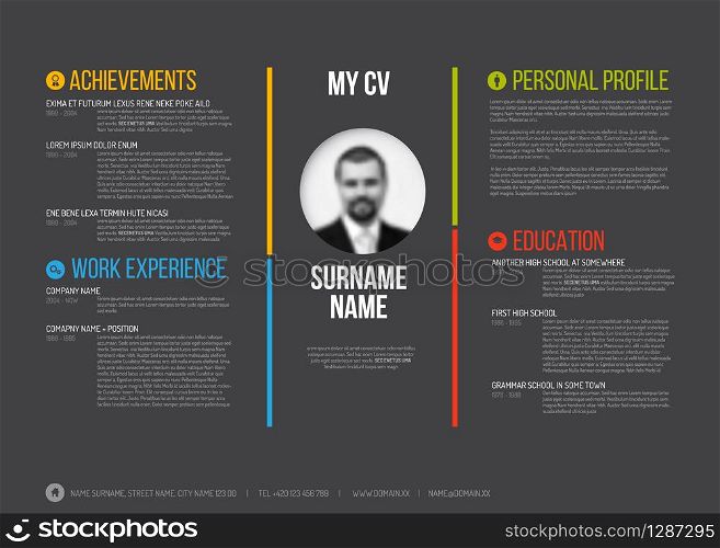 Vector minimalist cv / resume template - minimalistic colorful version with photo in the middle - dark template version. Vector minimalist cv / resume template