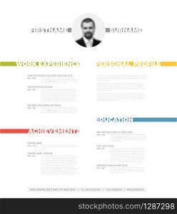 Vector minimalist cv / resume template - minimalistic colorful version with photo in the middle and nice typography. Vector minimalist cv / resume template