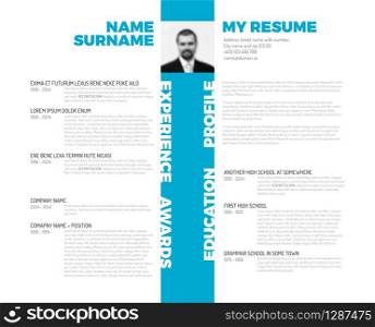 Vector minimalist cv / resume template - minimalistic colorful version with photo stripe in the middle and nice typography. Vector minimalist cv / resume template