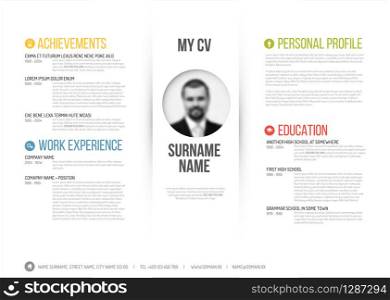 Vector minimalist cv / resume template - minimalistic colorful version with photo in the middle. Vector minimalist cv / resume template