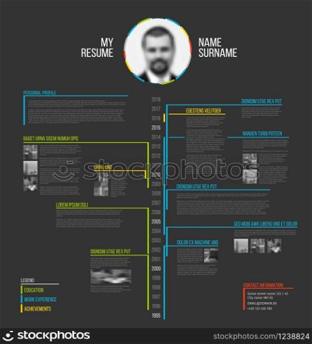 Vector minimalist cv / resume template - minimalistic colorful version, with timeline in the middle, dark background version. Vector timeline minimalist cv / resume template