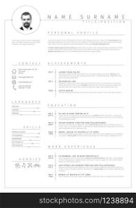 Vector minimalist cv / resume template with nice typogrgaphy design and simple timelines. Vector minimalist cv / resume template