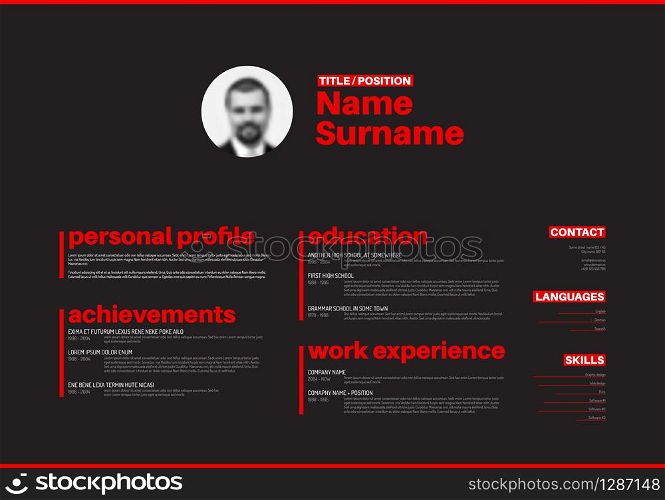 Vector minimalist cv / resume template with nice typogrgaphy design - horizontal red and black version