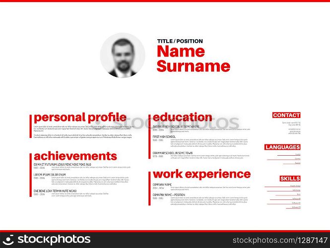 Vector minimalist cv / resume template with nice typogrgaphy design - horizontal red and white version