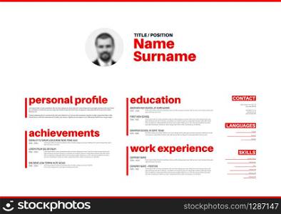Vector minimalist cv / resume template with nice typogrgaphy design - horizontal red and white version