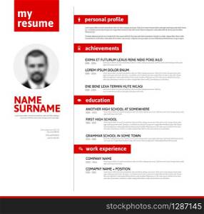 Vector minimalist cv / resume template with nice typogrgaphy design - red and white version