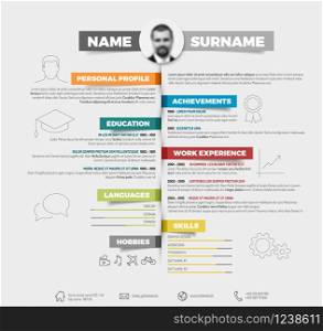 Vector minimalist cv / resume template with with colorful labels and big thin line icons. Vector minimalist cv / resume template