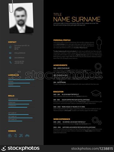 Vector minimalist dark gray cv / resume template design with profile photo. Minimalistic black cv / resume template