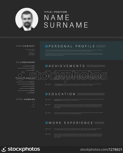 Vector minimalist dark gray cv / resume template design with profile photo
