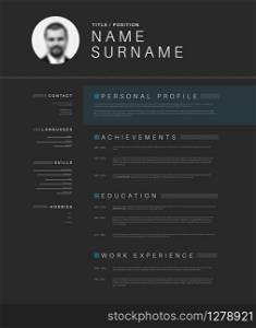 Vector minimalist dark gray cv / resume template design with profile photo