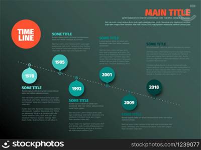 Vector minimalist diagonal timeline report template Infographic with circles - dark teal version. Simple timeline template