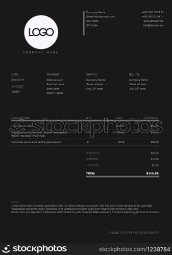 Vector minimalist invoice template design for your business / company - black and white dark version. Black and white simple invoice template