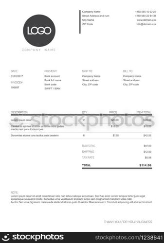 Vector minimalist invoice template design for your business / company - black and white version. Black and white simple invoice template