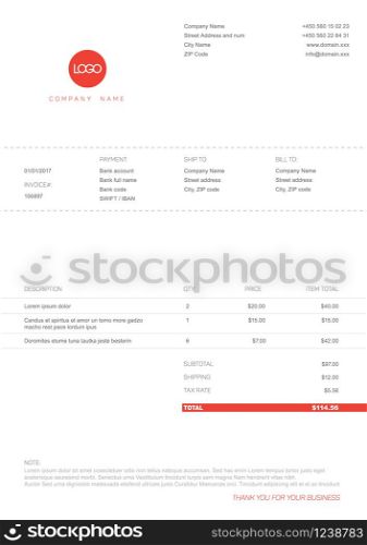 Vector minimalist invoice template design for your business / company - black and white version with red