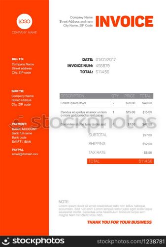 Vector minimalist invoice template design for your business / company - black, white and red version. Simple Invoice template