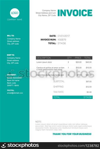 Vector minimalist invoice template design for your business / company - black, white and teal version