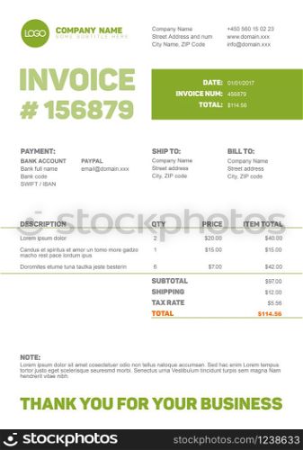 Vector minimalist invoice template design for your business / company - green version. Invoice template